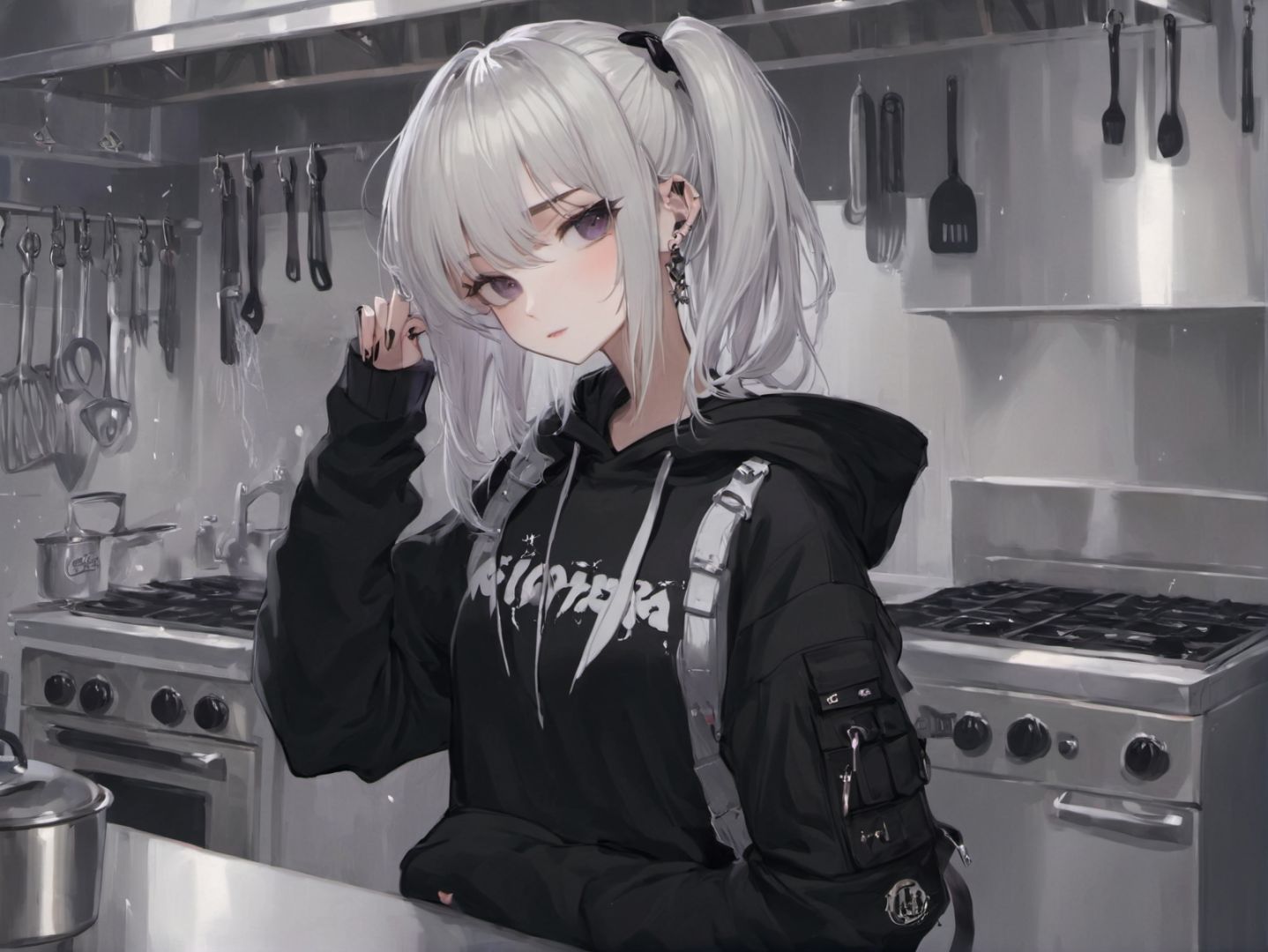 (best aesthetic,,best quality, masterpiece), 1girl,  platinum hair, medium hair, flipped hair, quad tails hair, parted bangs bangs,   hoodie cargo pants chain ,  gothic kitchen