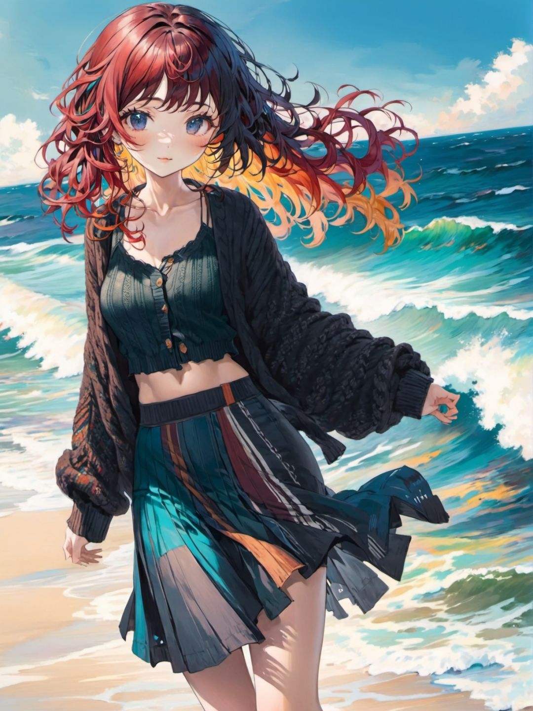 1girl, multicolored hair, medium hair, wavy hair, ringlets hair,  bangs,  modern knit cardigan long skirt thong straps ,  dark oceans daytime, 