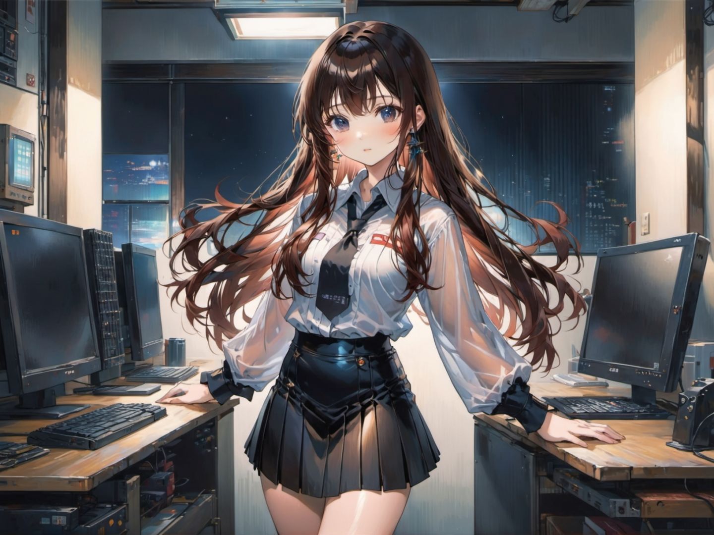 young women,  brunette hair, absurdly long hair,  drill hair, long bangs bangs,   blouse very short pleated miniskirt earrings ,  japanese technology room midnight, 