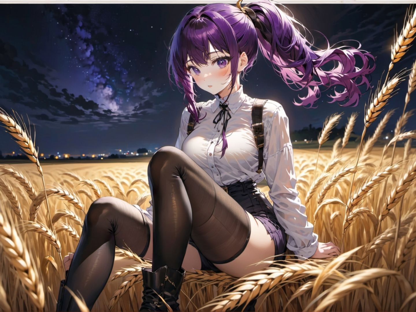 young women,  purple hair, absurdly long hair, wavy hair, high ponytail hair, parted bangs bangs,  simple waring white collard shirt and slacks thigh high stockings boots,  modern Wheat field nighttime, 