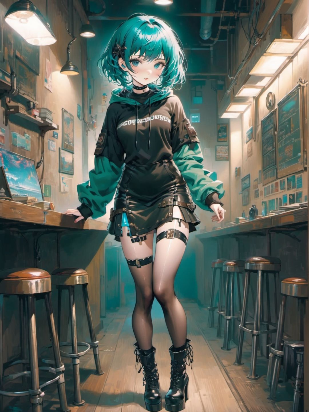 1girl, aqua hair, short hair, wavy hair,   bangs,  cute hooded sweatshirt mini skirt garter belt high heel boots,  dieselpunk faculty room nighttime, 