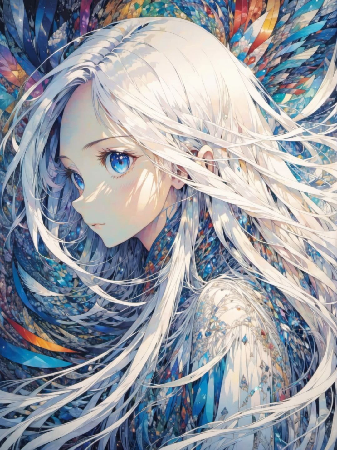 young women, white long straight hair,indigo eye, Wind, crystal, intricate background, extremely detailed, (fractal art:1.2), colorful, (zentangle:1.2), (abstract background:1.5), (many colors:1.4), pixelated fragments, data corruption, colorful noise, visual chaos, contemporary aesthetics