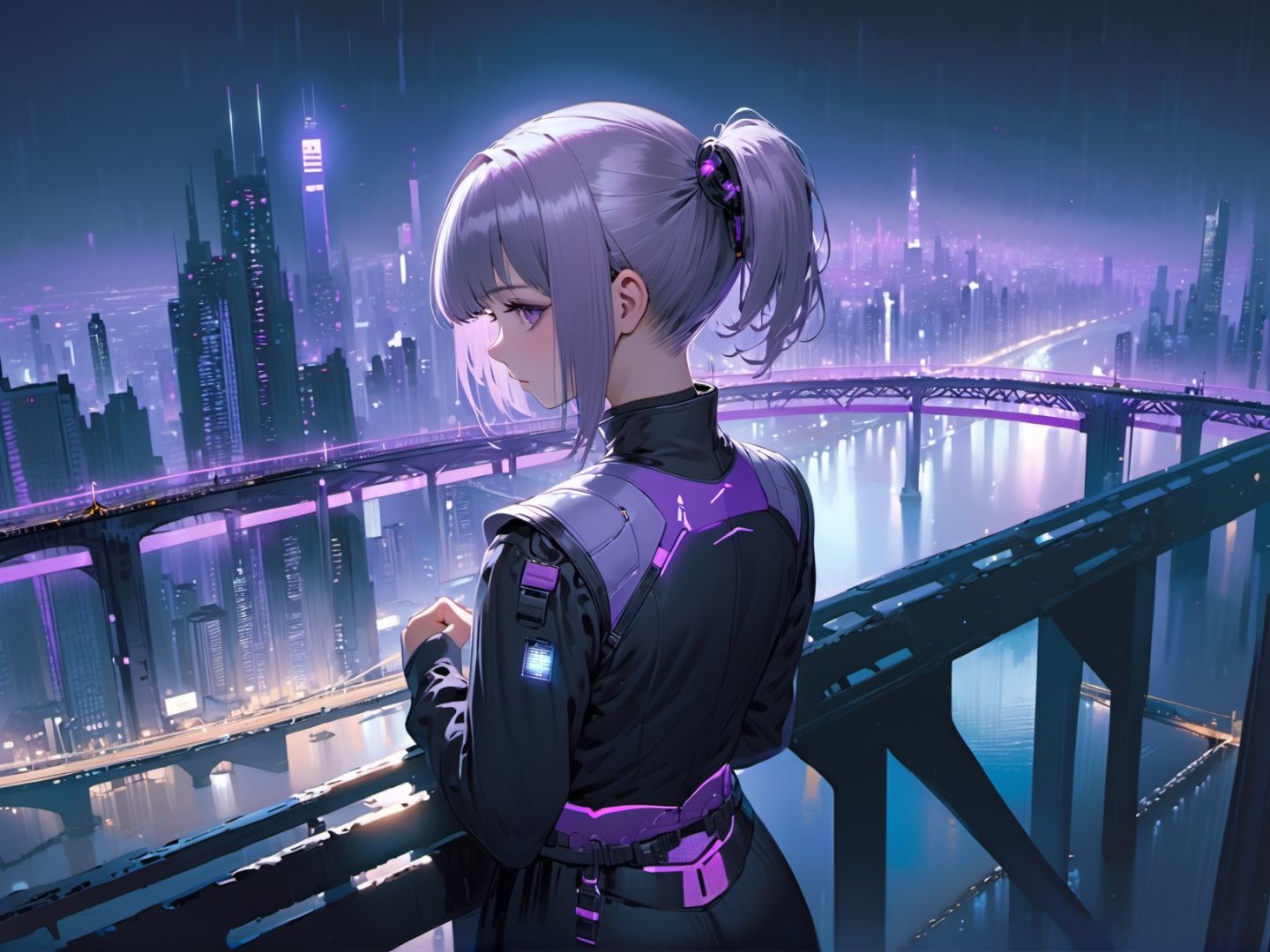 1girl, light purple,grey , medium hair,  short ponytail hair, ,   formal, cyberpunk bridge midnight,   very wide shot, 