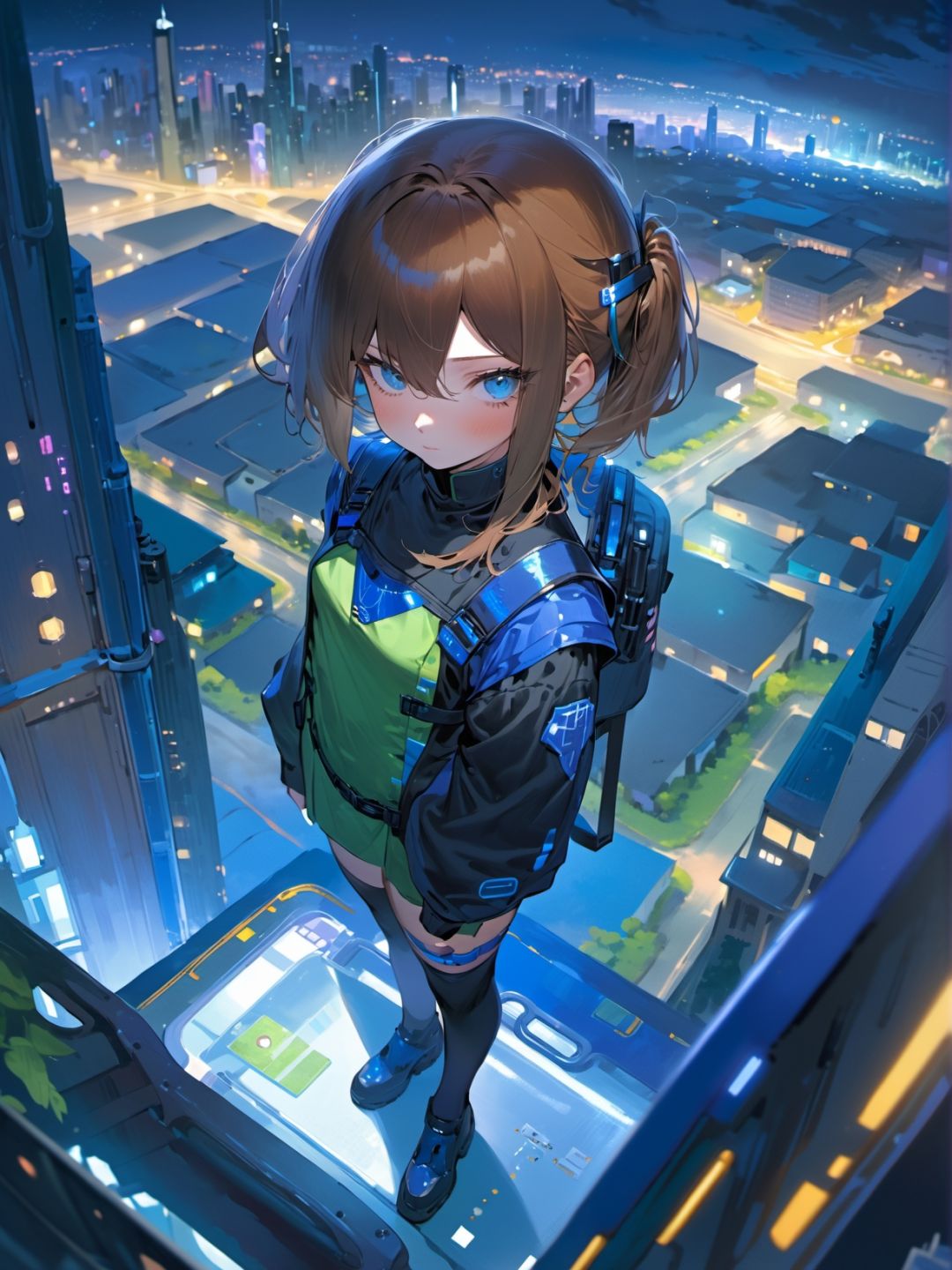 1girl, Sapphire,chestnut , medium hair,   ,   patissier uniform, cyberpunk grasslands nighttime,   from above, 