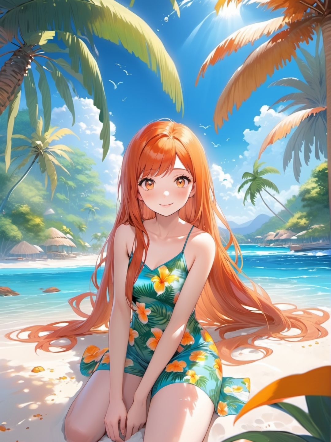 1girl, orange,redhead , very long hair,   , Design a tropical paradise scene, with palm trees, crystal-clear water, and a sandy beach.