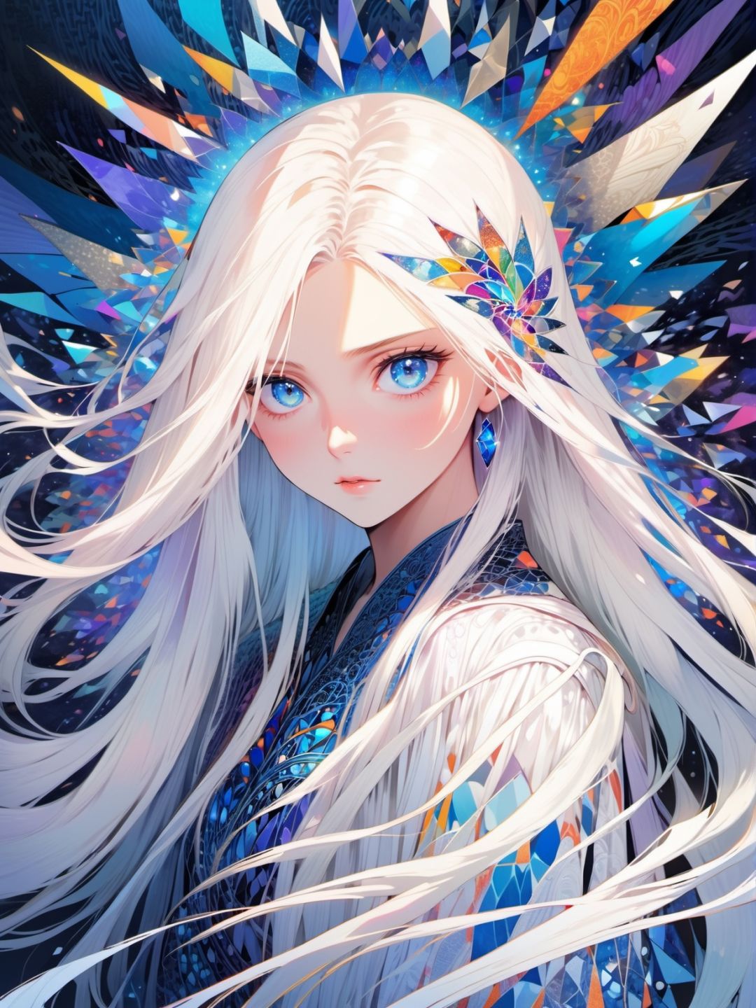 young women, white long straight hair,indigo eye, Wind, crystal, intricate background, extremely detailed, (fractal art:1.2), colorful, (zentangle:1.2), (abstract background:1.5), (many colors:1.4), pixelated fragments, data corruption, colorful noise, visual chaos, contemporary aesthetics