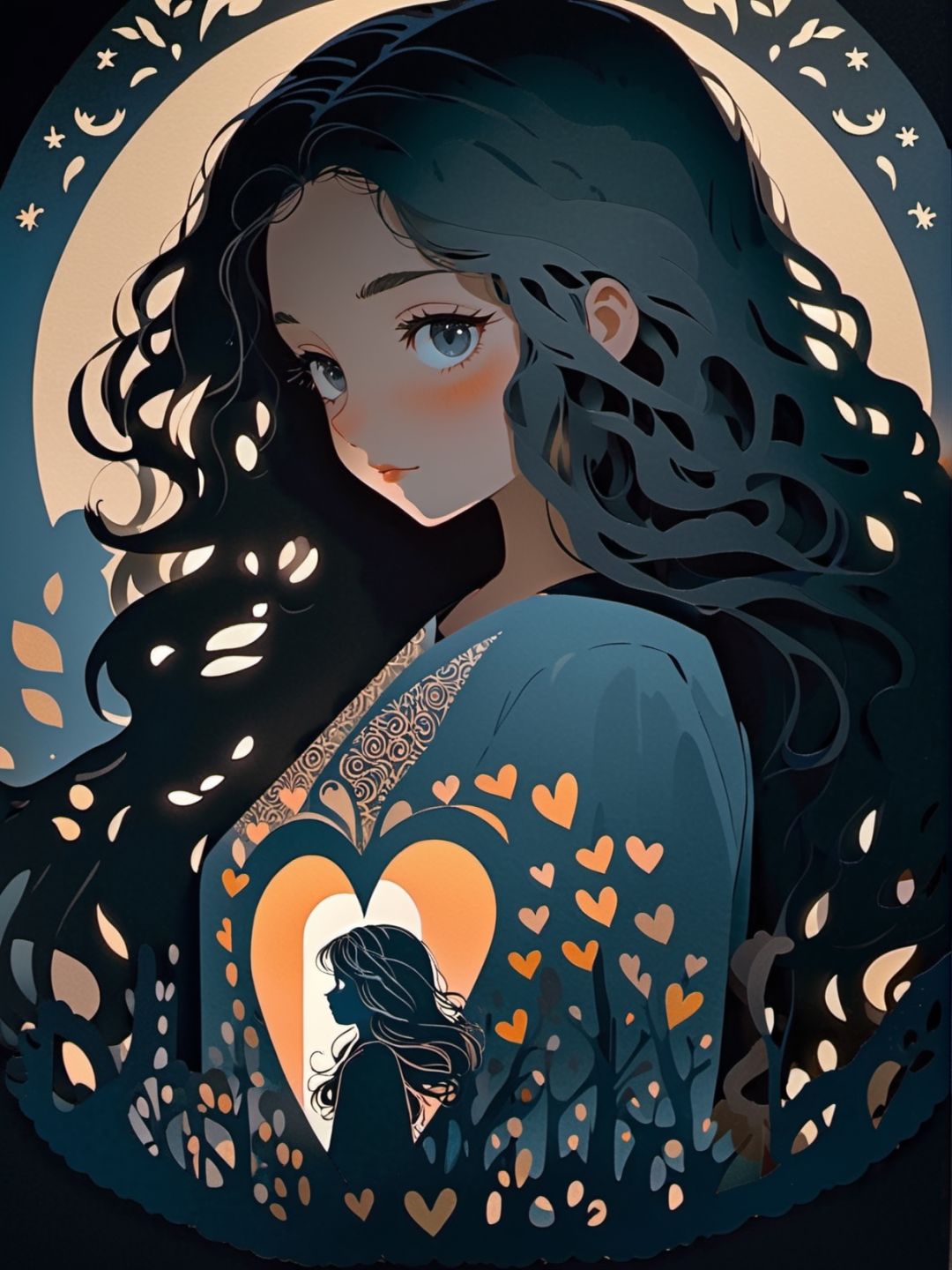 1girl, heart,dark , long hair,  curly hair, , Illustrate a scene in the style of paper cutouts, with layered silhouettes, intricate patterns, and a sense of depth.