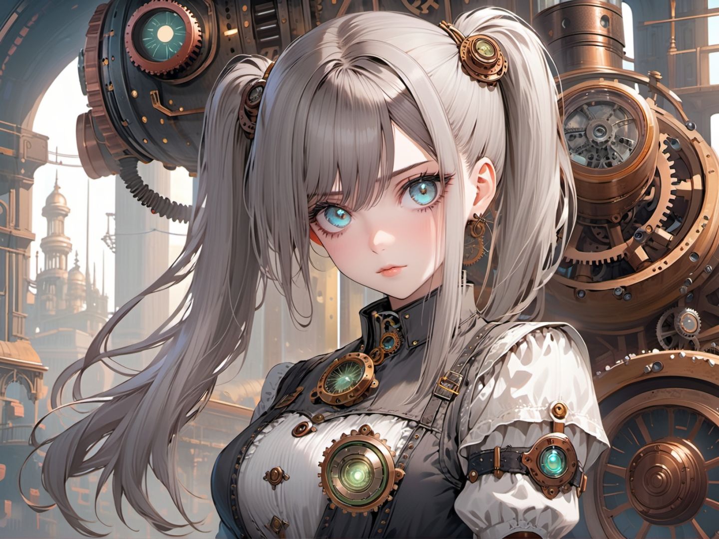 1girl, heterochromia,gray , medium hair,  ponytail hair, , Design a steampunk world, with Victorian-era aesthetics, intricate machinery, and a sense of adventure.