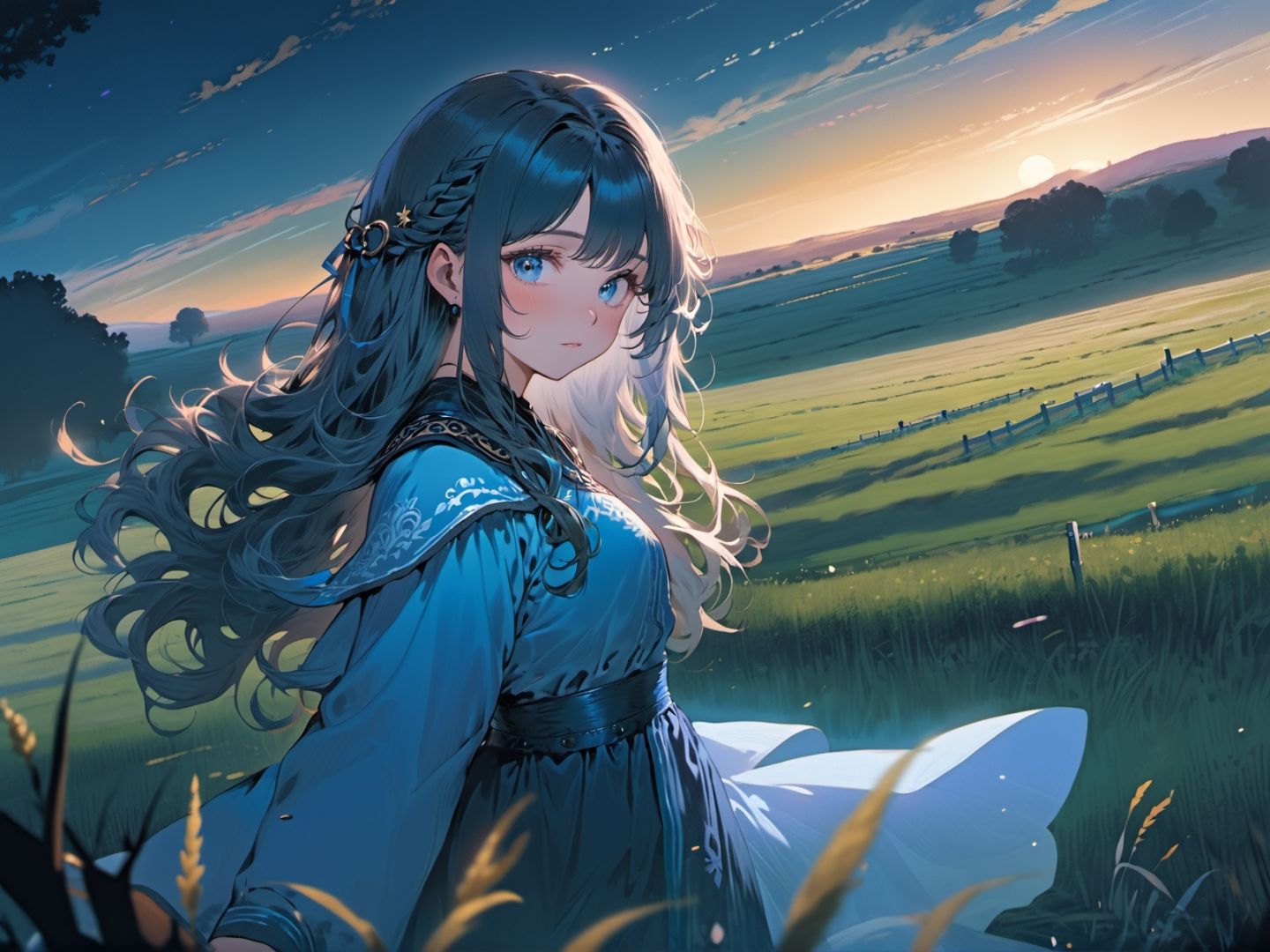 1girl, blue,split-color , long hair,  ringlets hair, ,   clothes, fantasy pasture evening,   cinematic angle, 