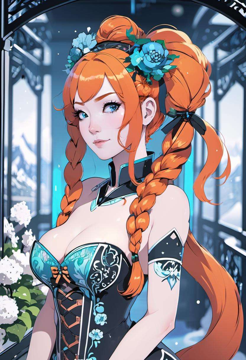 anime, 1girl, beautiful woman with neon ginger hair, twintails, outlandishly sexy costume design, (full body:1.3), on a frostpunk, flowery balcony, (asian:1.3), vibrant colors