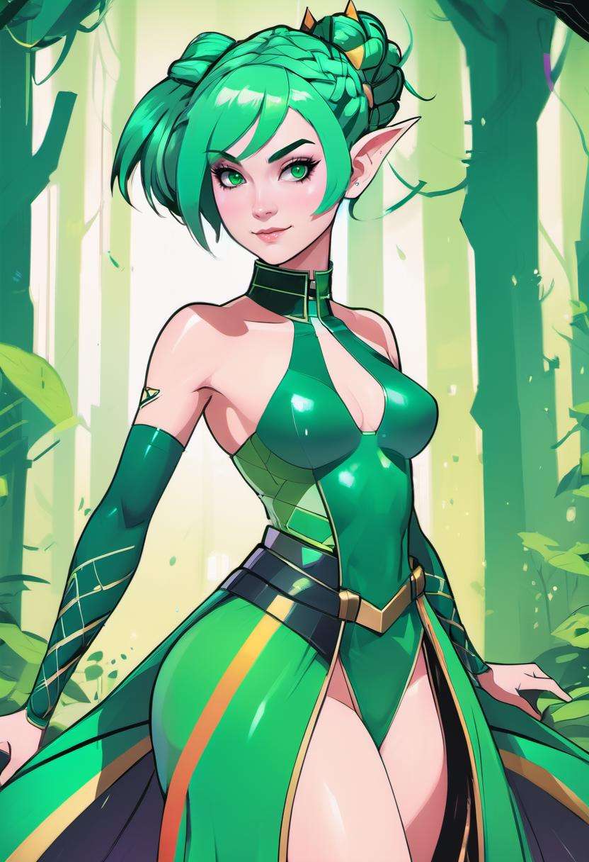 anime, 1girl, beautiful woman with deep forest green hair, Pixie Cut,french braids, outlandishly sexy costume design, (full body:1.3), on  Coruscant, , vibrant colors