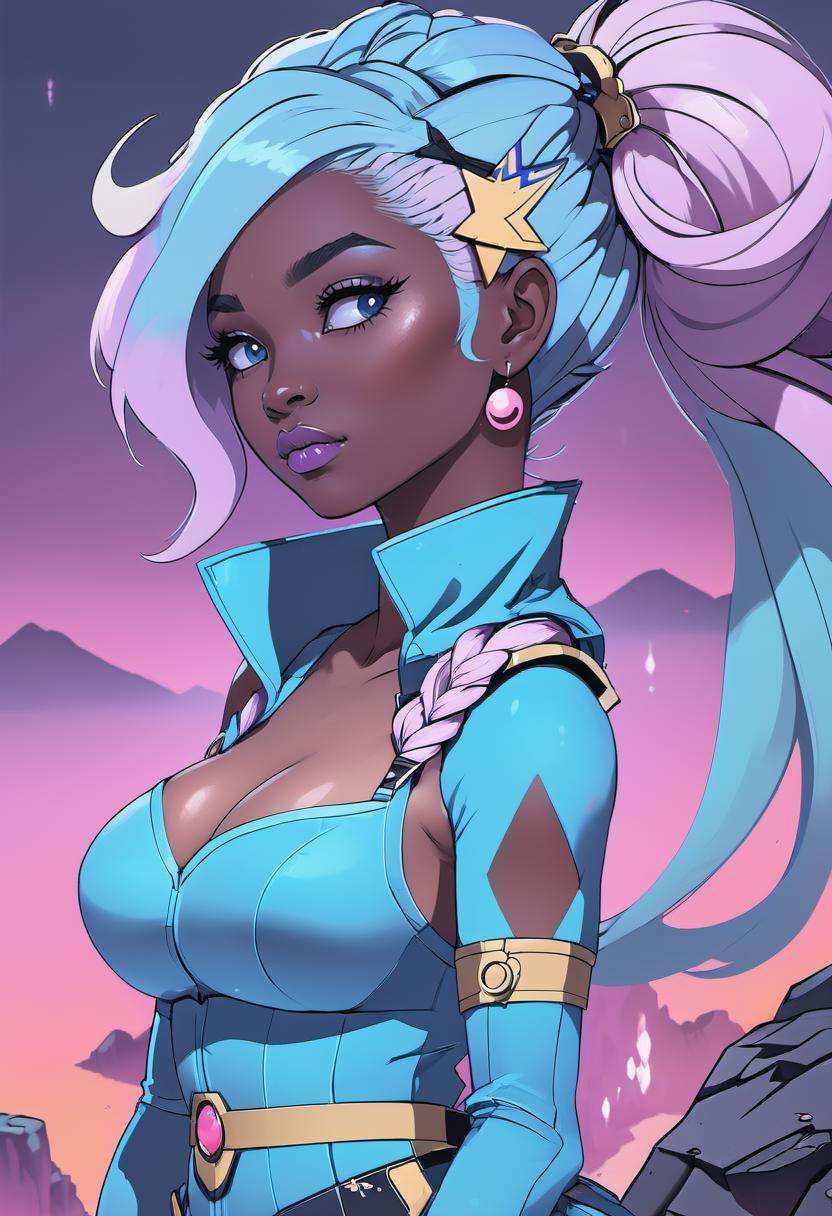 anime, 1girl, beautiful woman with pastel slate blue hair, half updo, outlandishly sexy costume design, , in a photogenic craggy wasteland, (dark skin:1.3), vibrant colors