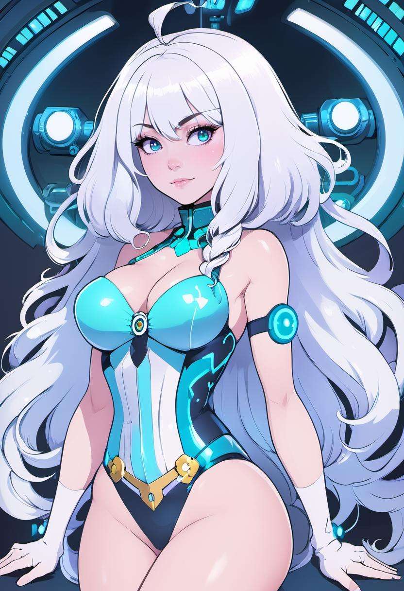 anime, 1girl, beautiful woman with glowing white hair, Stacked Bob,curly hair, long hair, outlandishly sexy costume design, , in a  machine shop, , vibrant colors