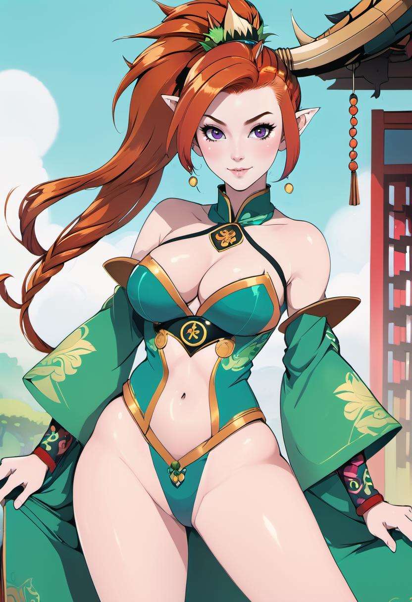 anime, 1girl, beautiful woman with auburn hair, Mohawk, outlandishly sexy costume design, (full body:1.3), at an bountiful inn, (asian:1.3), vibrant colors