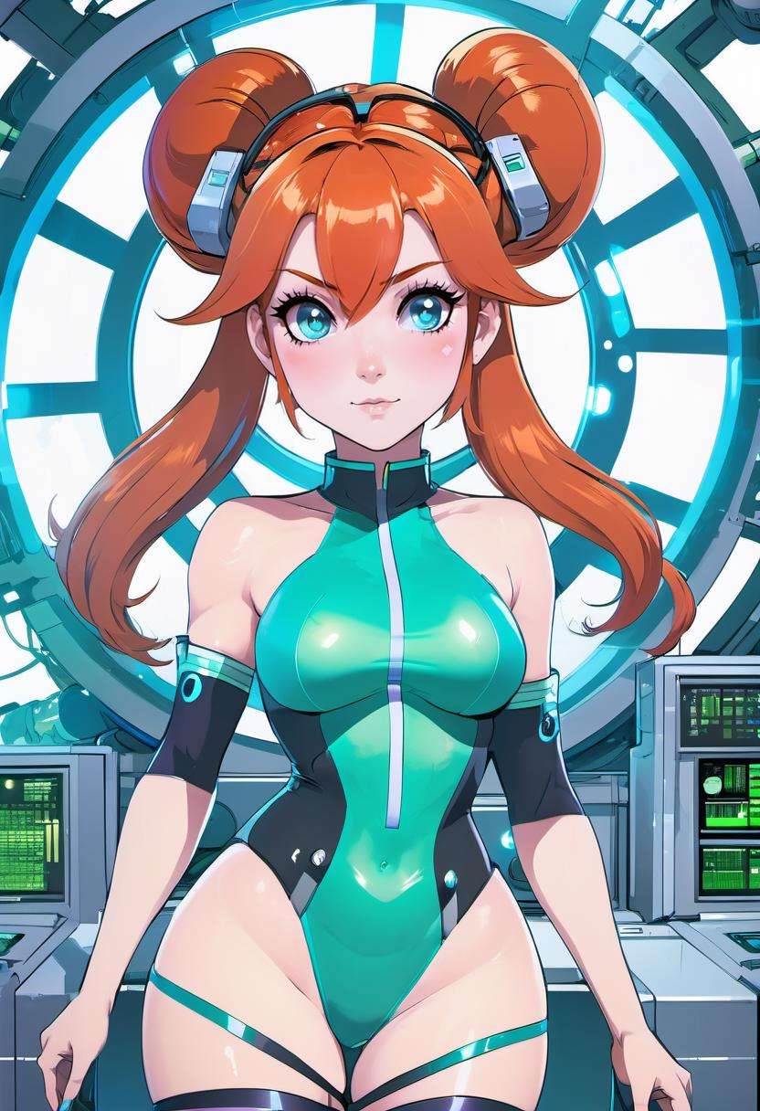 anime, 1girl, beautiful woman with shiny auburn hair, twintails, outlandishly sexy costume design, full body, in a wispy nuclear fusion plant, , vibrant colors