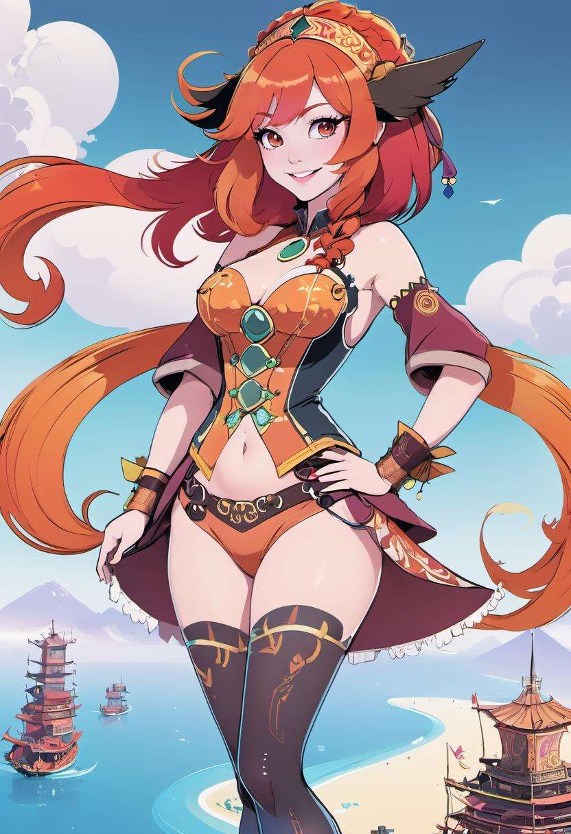 anime, 1girl, beautiful woman with red-orange hair with crimson highlights, Gypsy Shag Cut, outlandishly sexy costume design, full body, on an cheerful, pristine airship, (asian:1.3), vibrant colors