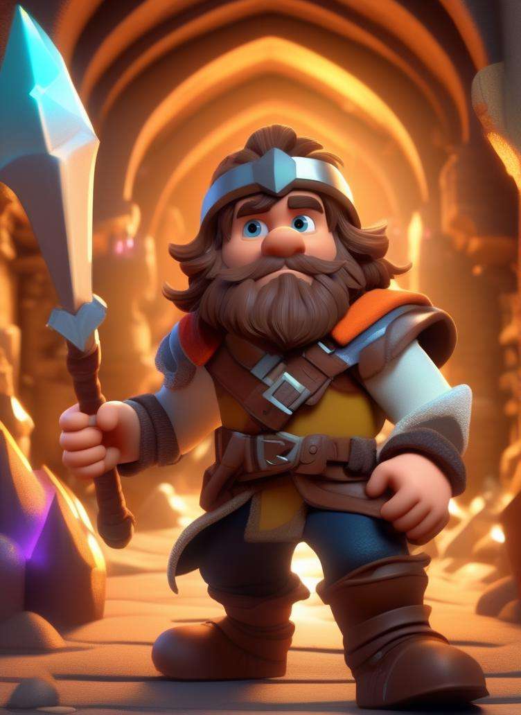 best quality, masterpiece, of a male, dressed as a Rogue, with brown hair, with a male fantasy hairstyle, wearing a helmet, portrait, stood, In a subterranean city lit by luminescent crystals, inhabited by dwarves,, disney cartoon, cute cartoon, cinematic, volumetric lighting, highly detailed, 8k