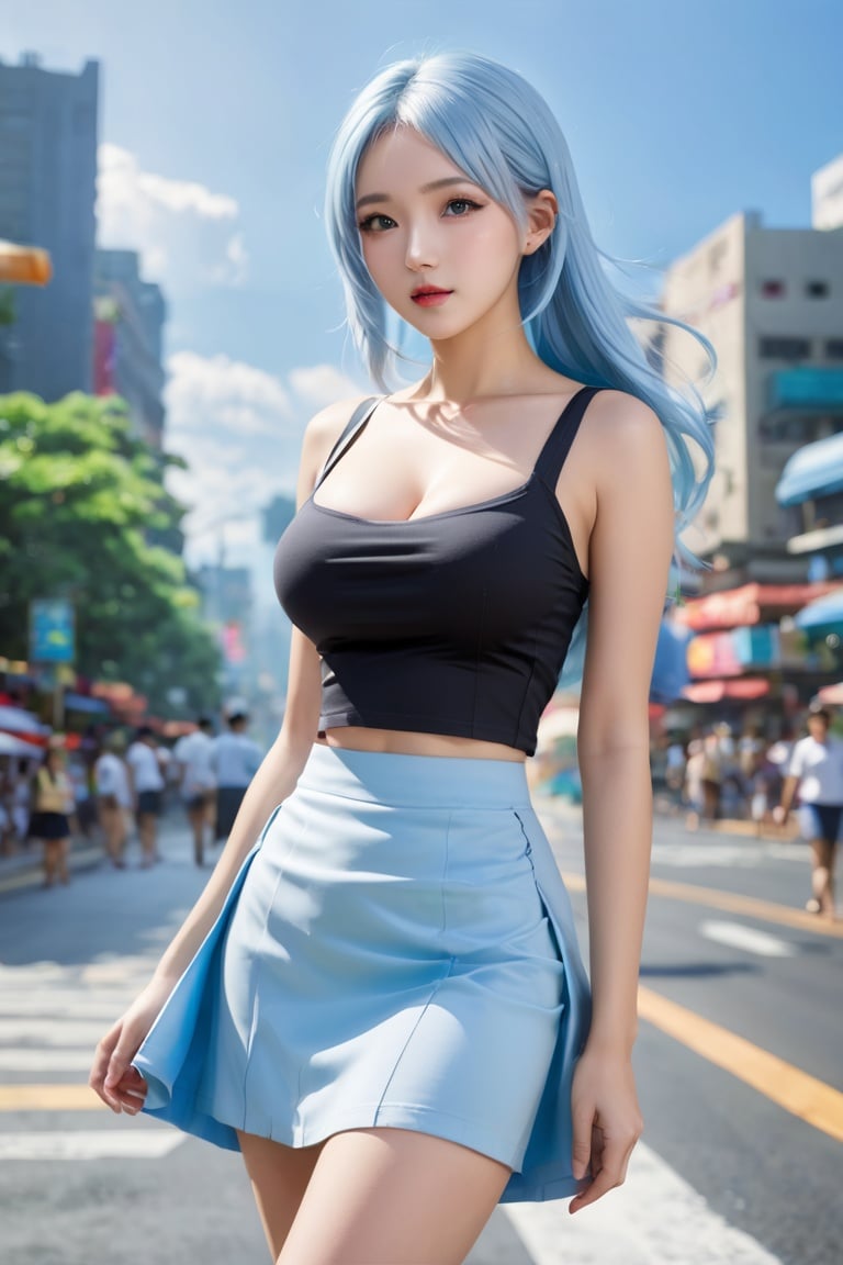 A very beautiful girl,  light blue hair,  background bustling streets by 云 on Tensor.Art