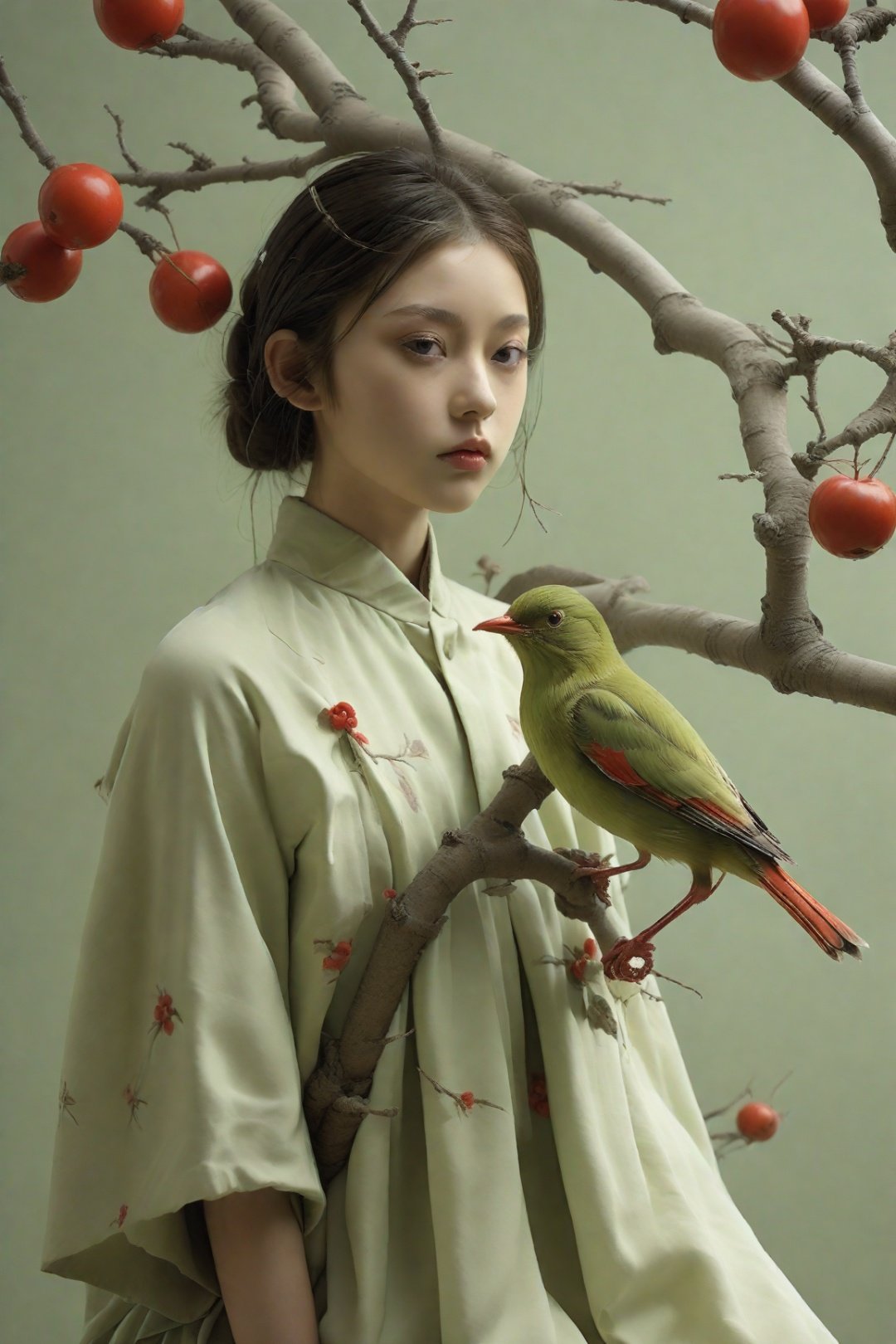 young girl on the branch of tree with birds and a bird sitting on top of it, in the style of japanese minimalism, beautiful and exquisite face, photo-realistic hyperbole, light green and red, formalist aesthetics, uniformly staged images, fashion photography, oversized objects,1girl