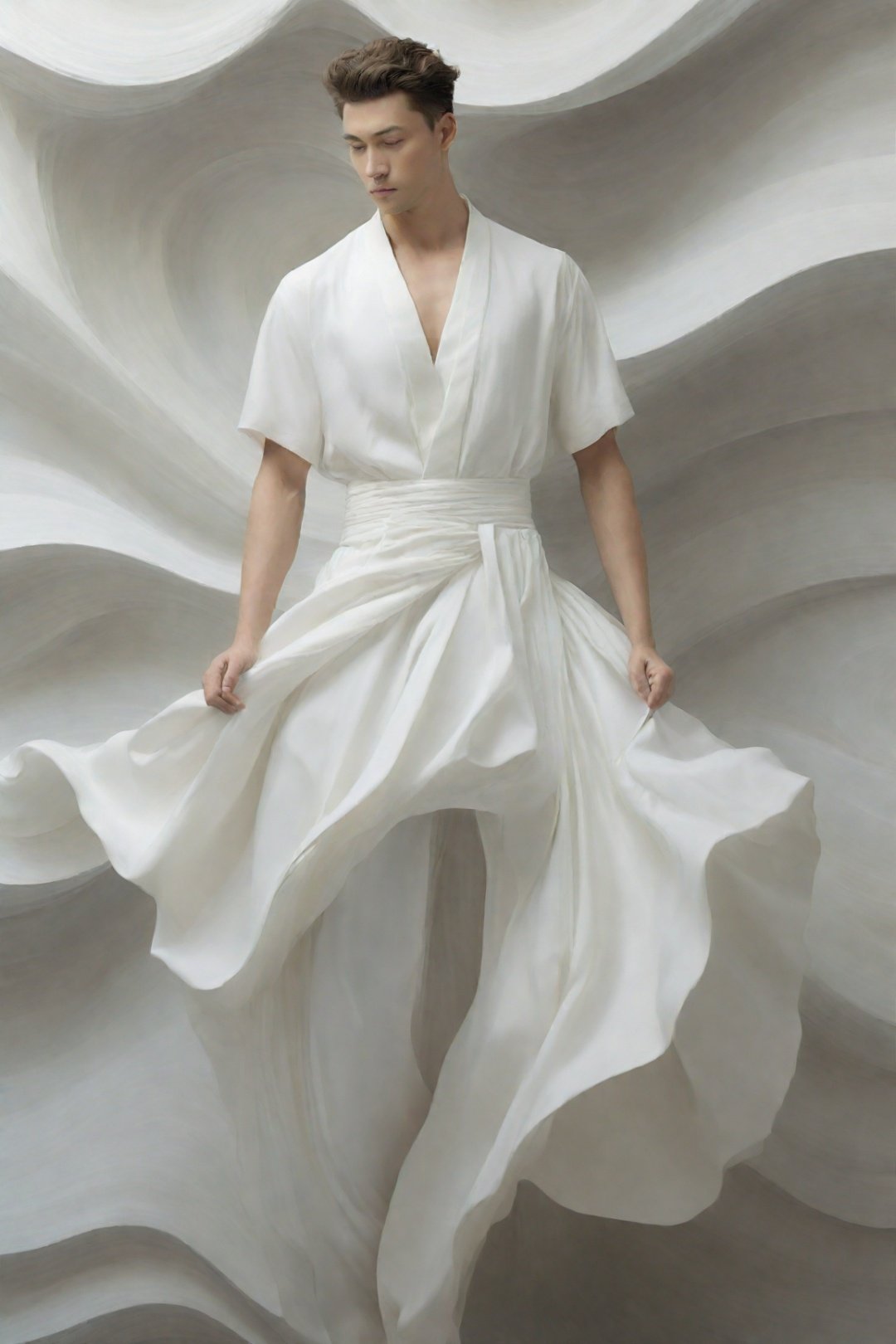 handsome men,in a white dress is standing in front of a wall of wavy fabric and waves of white fabric, fashionable beauty,floting skirt,wave skirt,