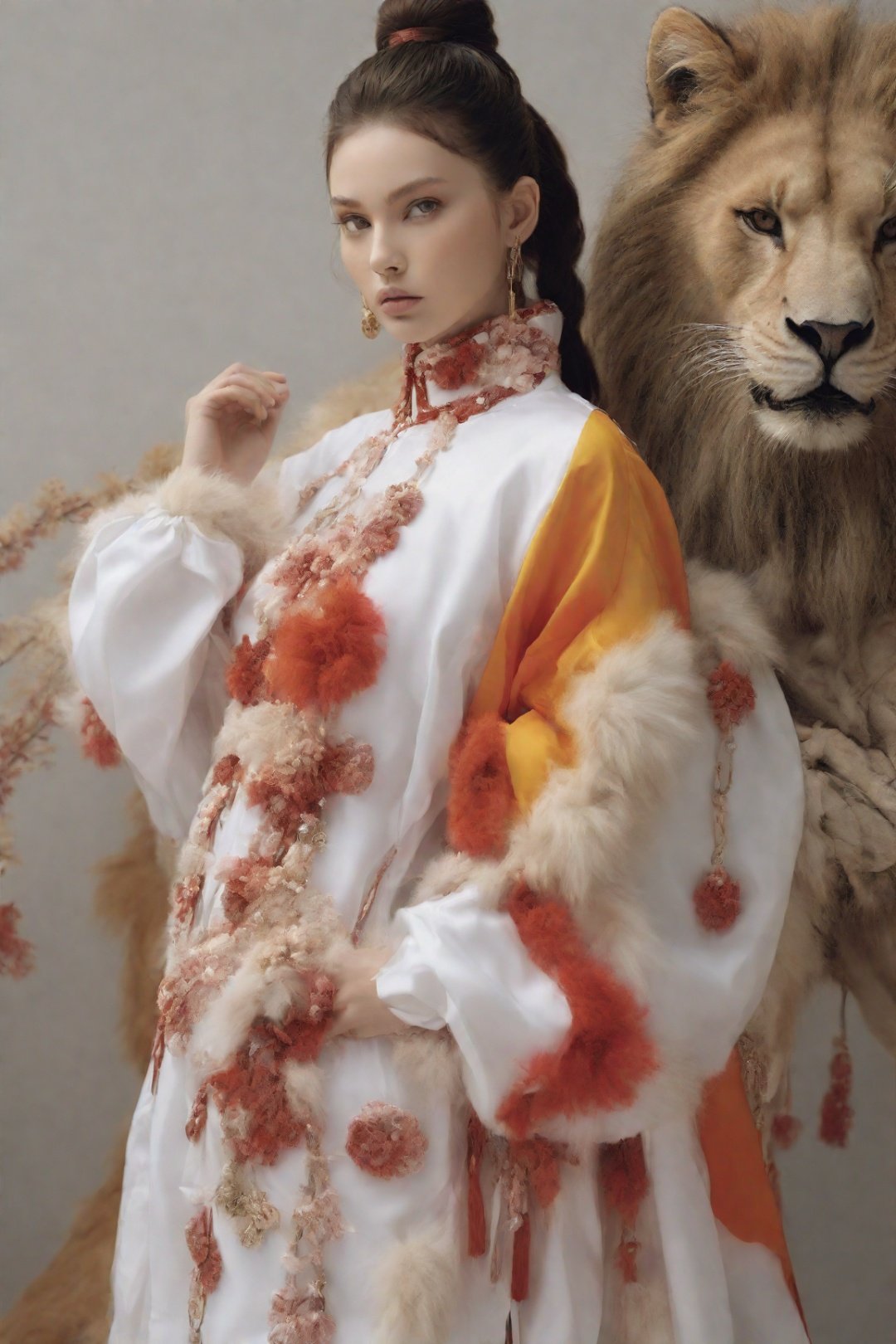 Modern Chinese girl, fashionable beauty, tall ponytail girl, Fashion clothing, lion clothing, lion accessories