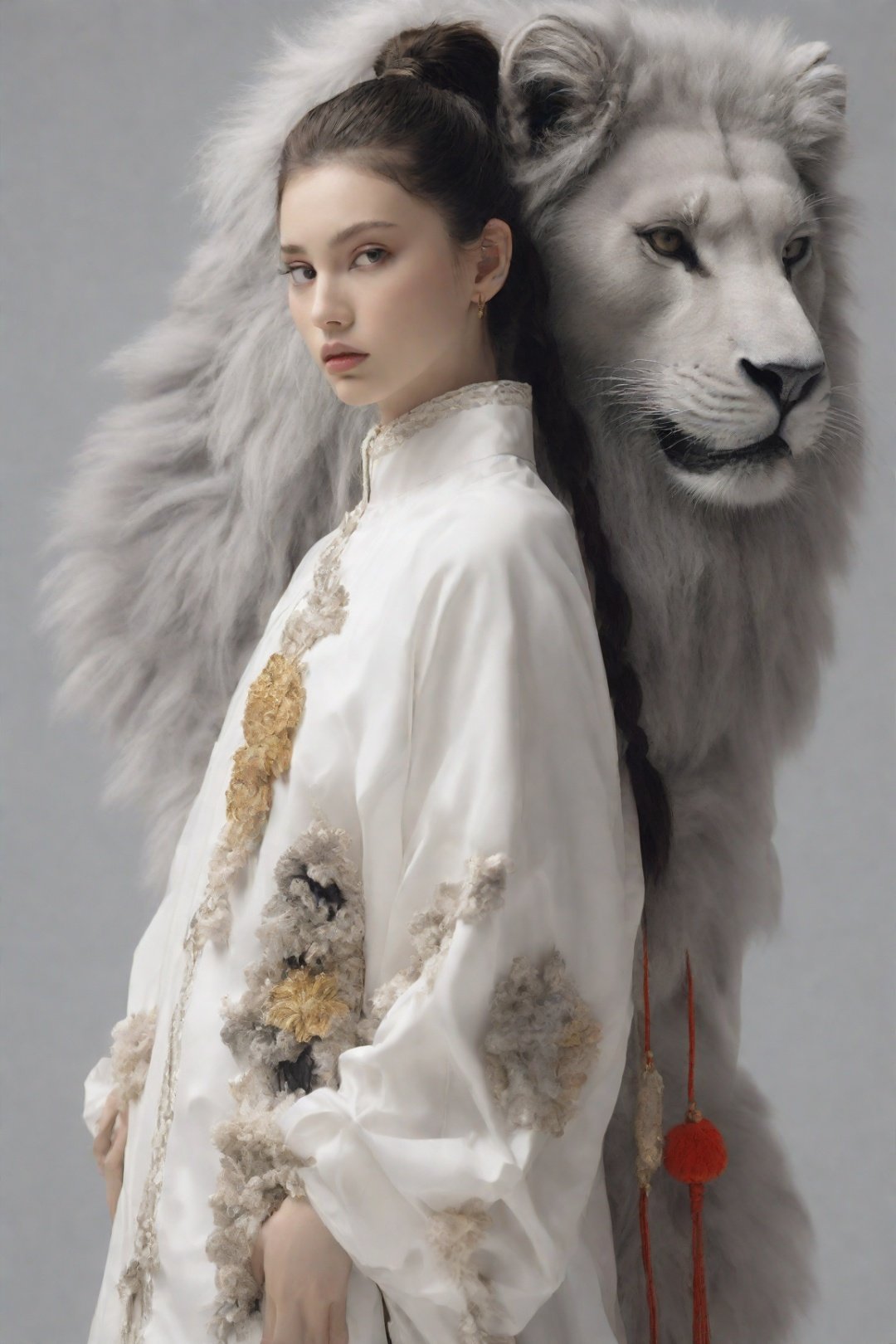 Modern Chinese girl, fashionable beauty, tall ponytail girl, Fashion clothing, lion clothing, lion accessories