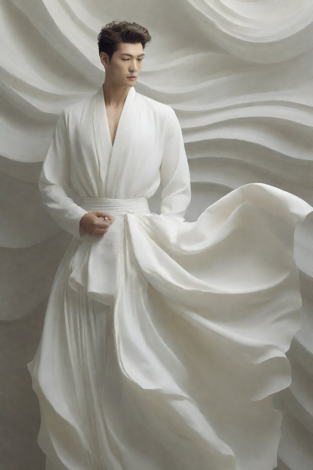 handsome men,in a white dress is standing in front of a wall of wavy fabric and waves of white fabric, fashionable beauty,floting skirt,wave skirt,