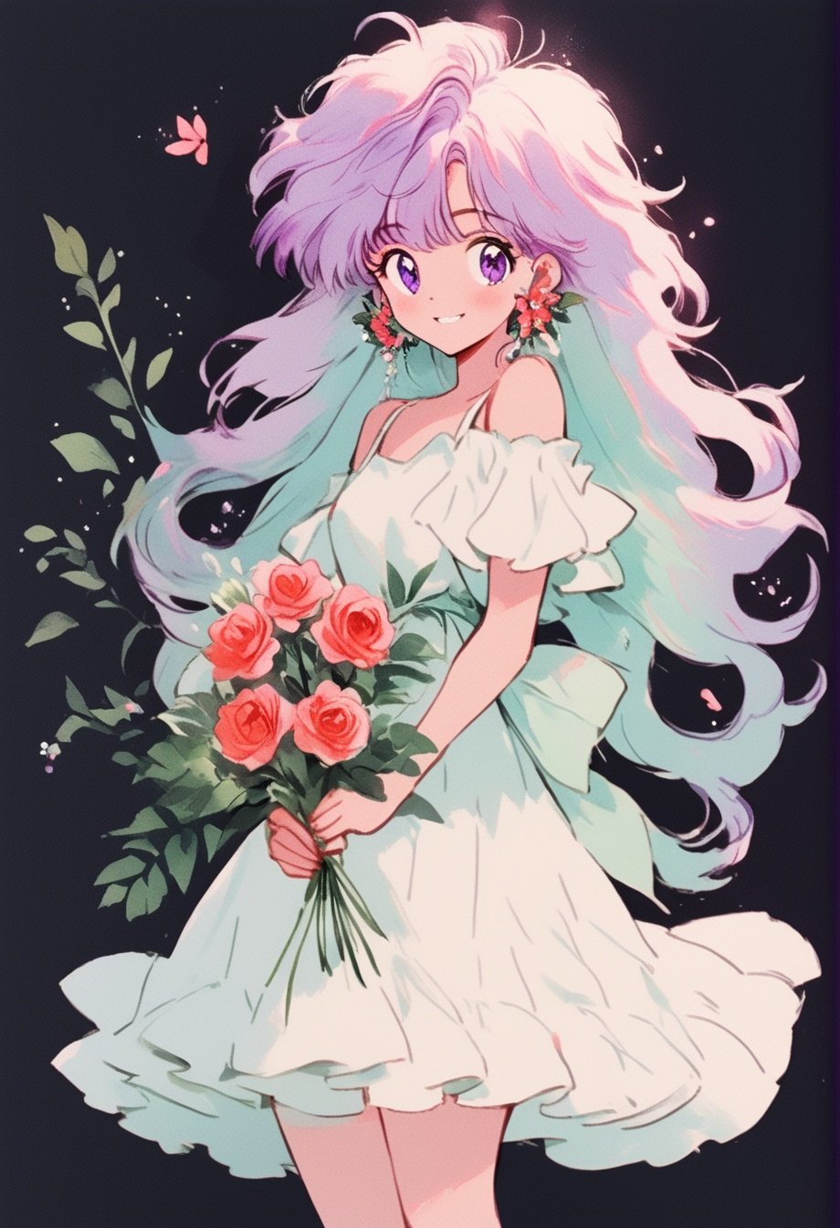 1girl, flower, dress, solo, short hair, white dress, purple eyes, holding, white flower, earrings, holding flower, head wreath, pink flower, jewelry, looking at viewer, white footwear, aqua hair, bow, black background, bangs, nail polish, smile, frills, blush, leaf, hair flower, rose, aqua nails, frilled dress, purple flower, white bow, bare shoulders, hair ornament, from side<lora:takawaters:1>