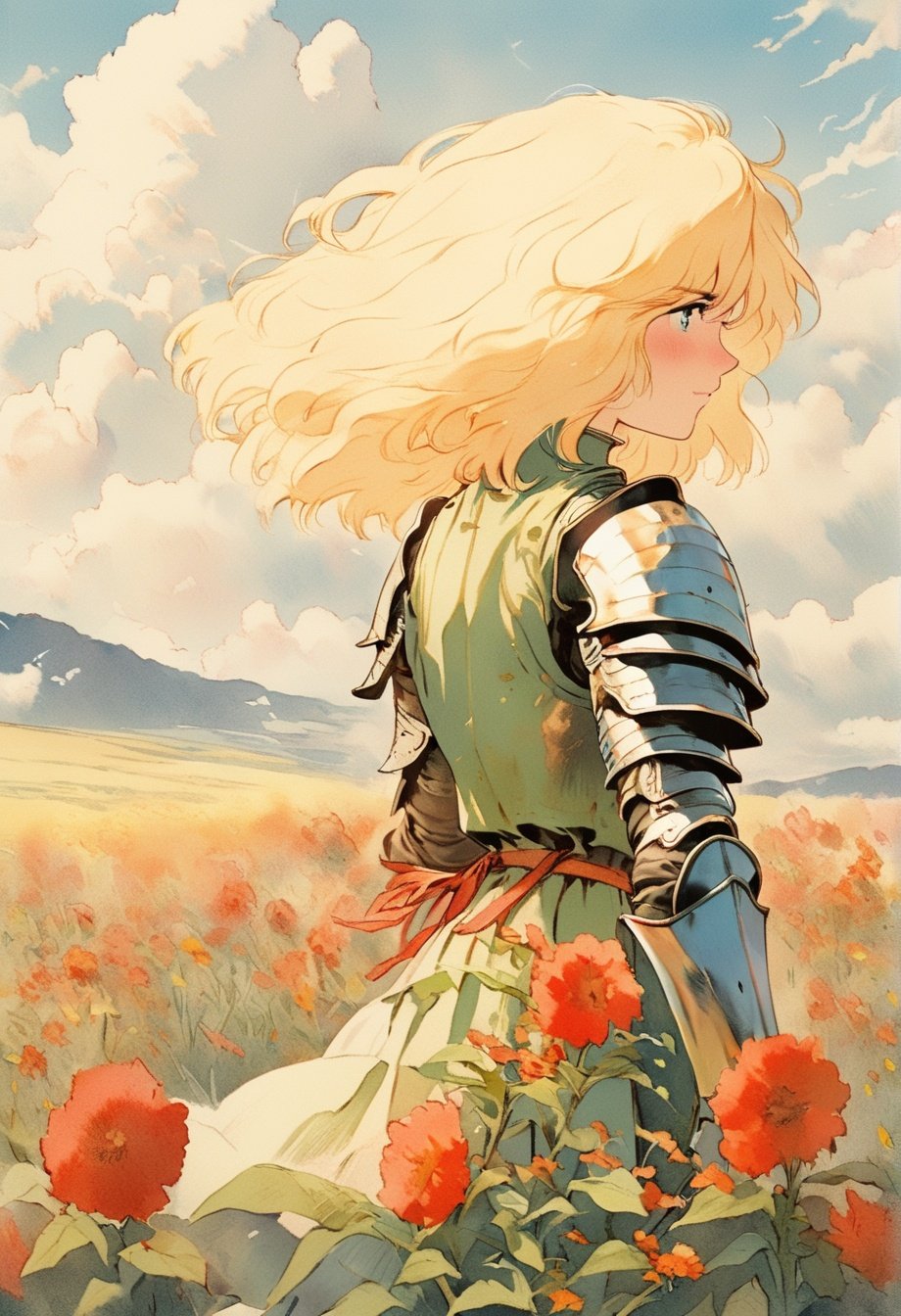 flower,  blonde hair, sky, cloud, field, outdoors, day, 1girl, gauntlets, armor, flower field, short hair, back, holding, from behind, horizon, scenery,<lora:takawaters:1>