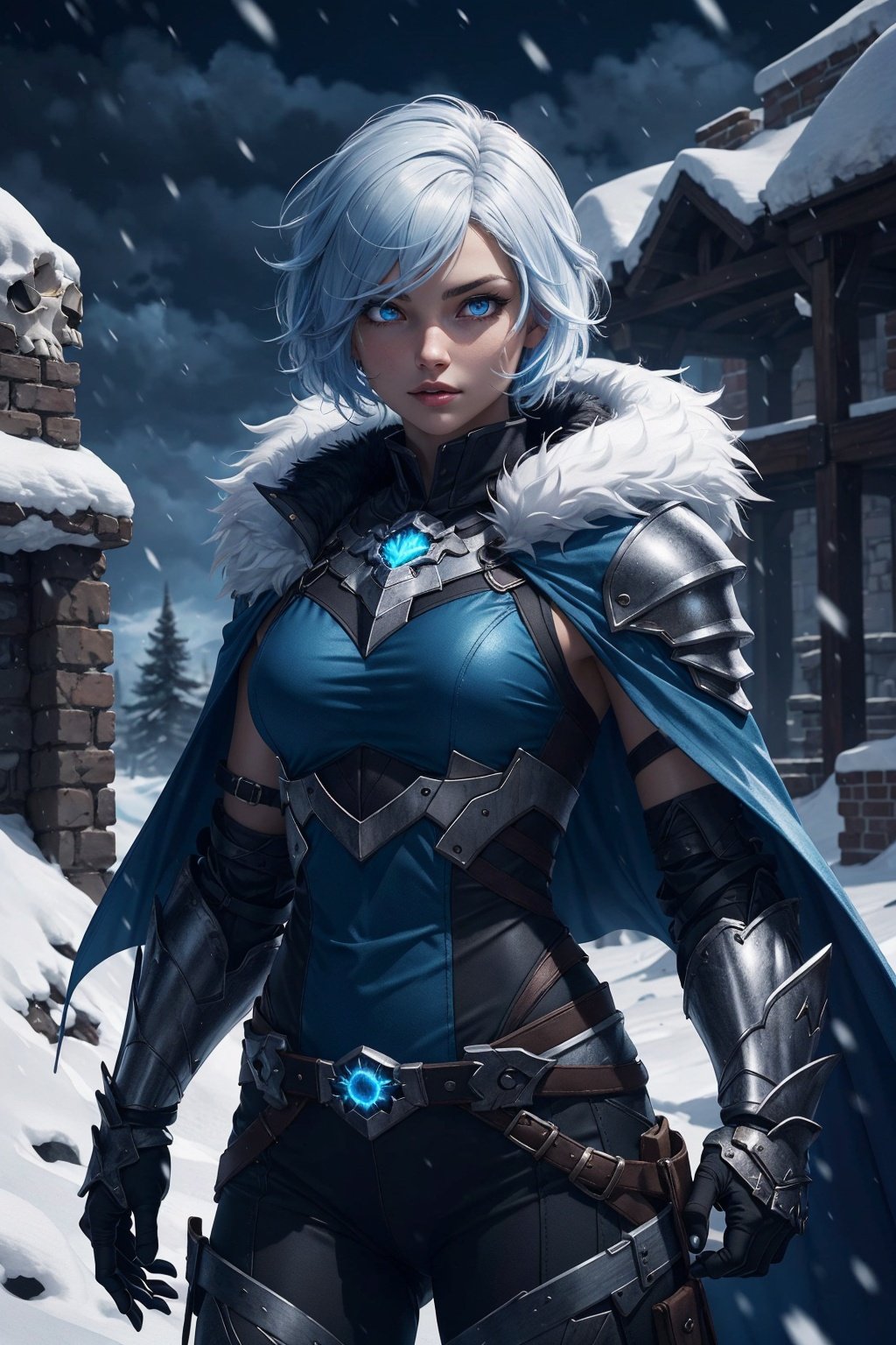 1girl, cowboy shot of wowdk, glowing blue eyes, skull armor, fur trim, pauldrons, torn cape, short white hair, blue fire, snow, ice, night, citadel, athletic, volumetric lighting, best quality, masterpiece,