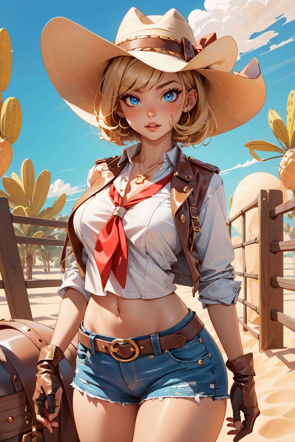 (masterpiece, best quality:1.4), absurdres, highres, ultra detailed, beautiful, 1girl, (cowboy, cowboy western, cowboy hat:1.4), (perfect face, detailed face, beautiful:1.3), (blue eyes, golden hair, bangs, hair intakes, short hair), (natural breasts, cleavage), collarbone, brown vest ,collared shirt, fingerless gloves, gloves, hat, navel, neckerchief, red neckerchief, revolver, short shorts, shorts, thick thighs, thighs, multiple belts, (desert:1.4),