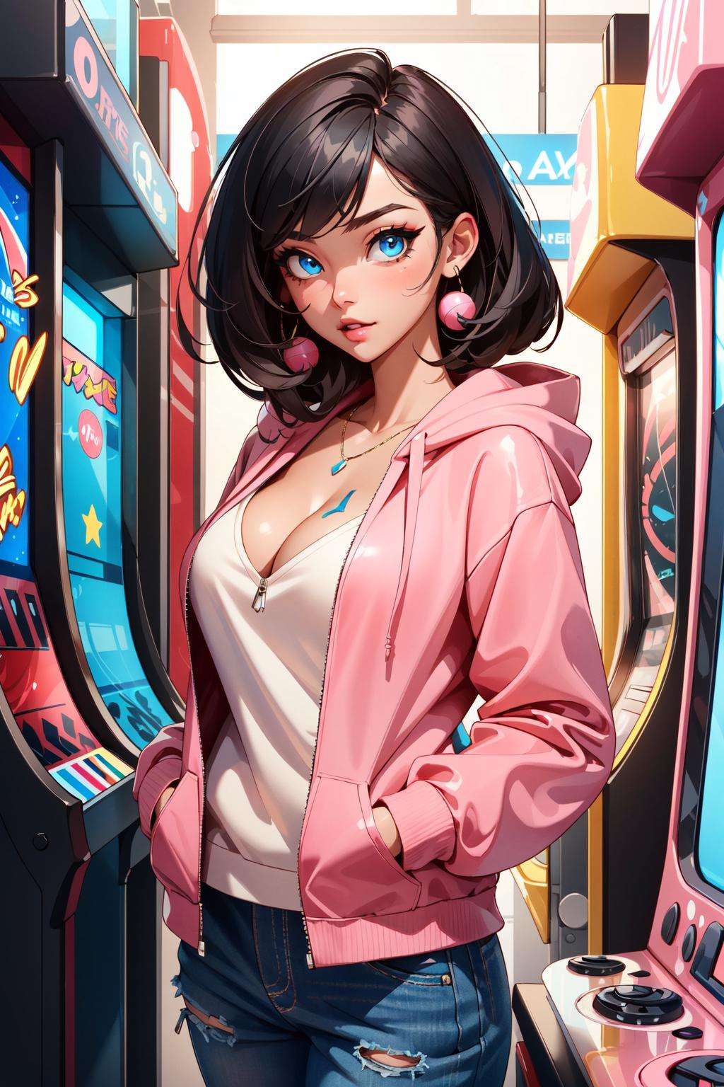 (masterpiece, best quality:1.4), ultra-detailed, beautiful lighting, perfect lighting, glow, lights, (depth of field), a woman, perfect face, detailed face, pink lips, glossy lips, makeup, expressive eyes, blue eyes, black hair, (natural breasts, cleavage), clothes lift, lifted by self, hood, hoodie, (pink hoodie), sneakers, standing, (at arcade), (arcade machines),