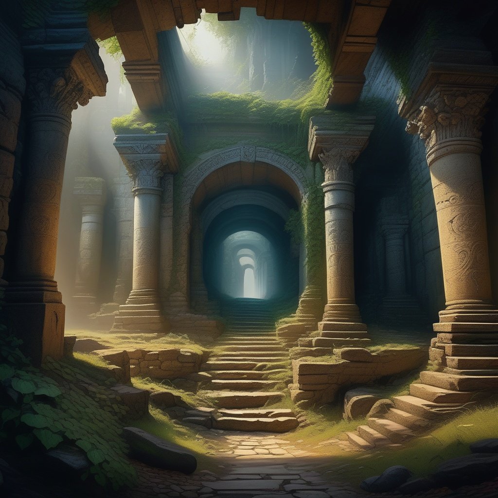 ((ancient ruins)), enormous crumbling pillars cloaked in vines, stone arches leading into dark catacombs, shaft of light illuminating subterranean chamber with intricate carvings, adventurers descending stone steps through swirling mist