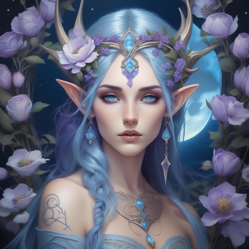 ((mystical girl)), ethereal woman with pale blue skin, flowing lavender hair adorned with flowers, pointed elf ears peeking through, intelligent azure eyes staring intently, intricate runic tattoos on arms, crescent moon staff in hand