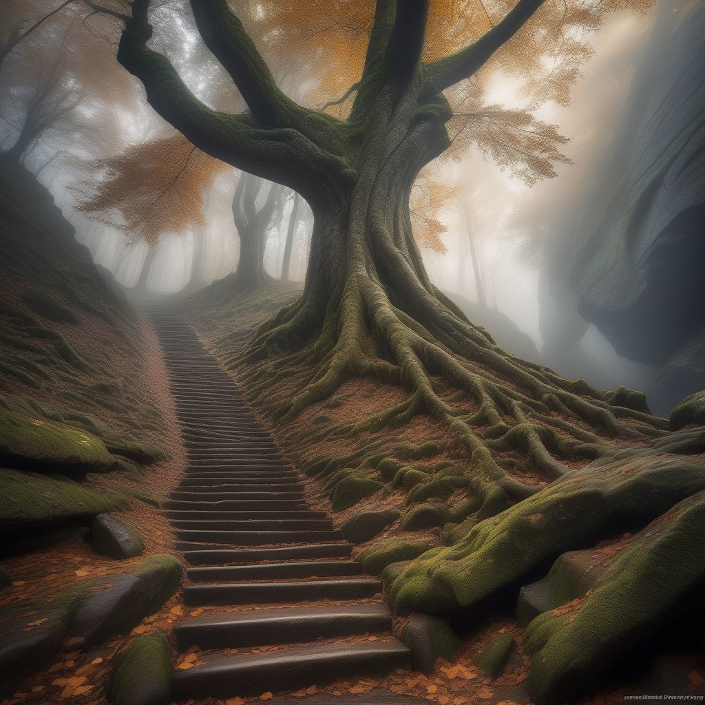 ((masterpiece)), intricate tree roots breaking through ancient stone steps leading down into misty gorge, gnarled trunks twisting overhead into canopy of leaves, shafts of light breaking through branches, highly detailed texture on bark and stone (epic depth of field perspective)