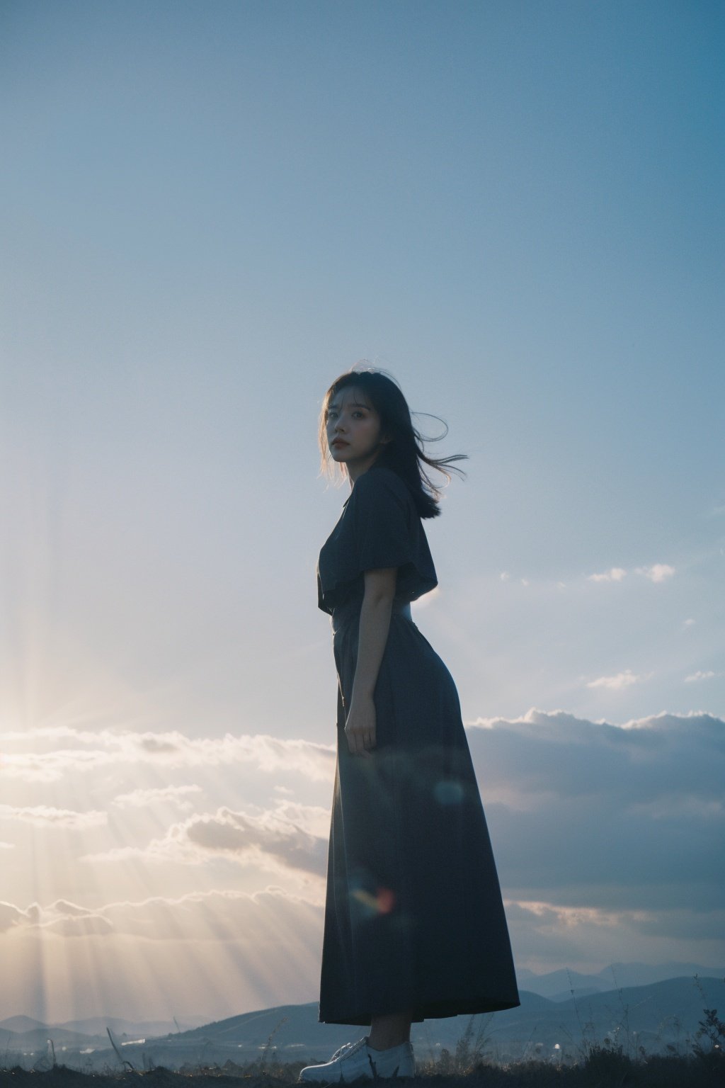 Best Quality,Masterpiece,Ultra High Resolution,(Realisticity:1.4),Original Photo,Cinematic Lighting,1Girl,full body,<lora:Tyndall effect-Light:0.6>,blue sky and white clouds,