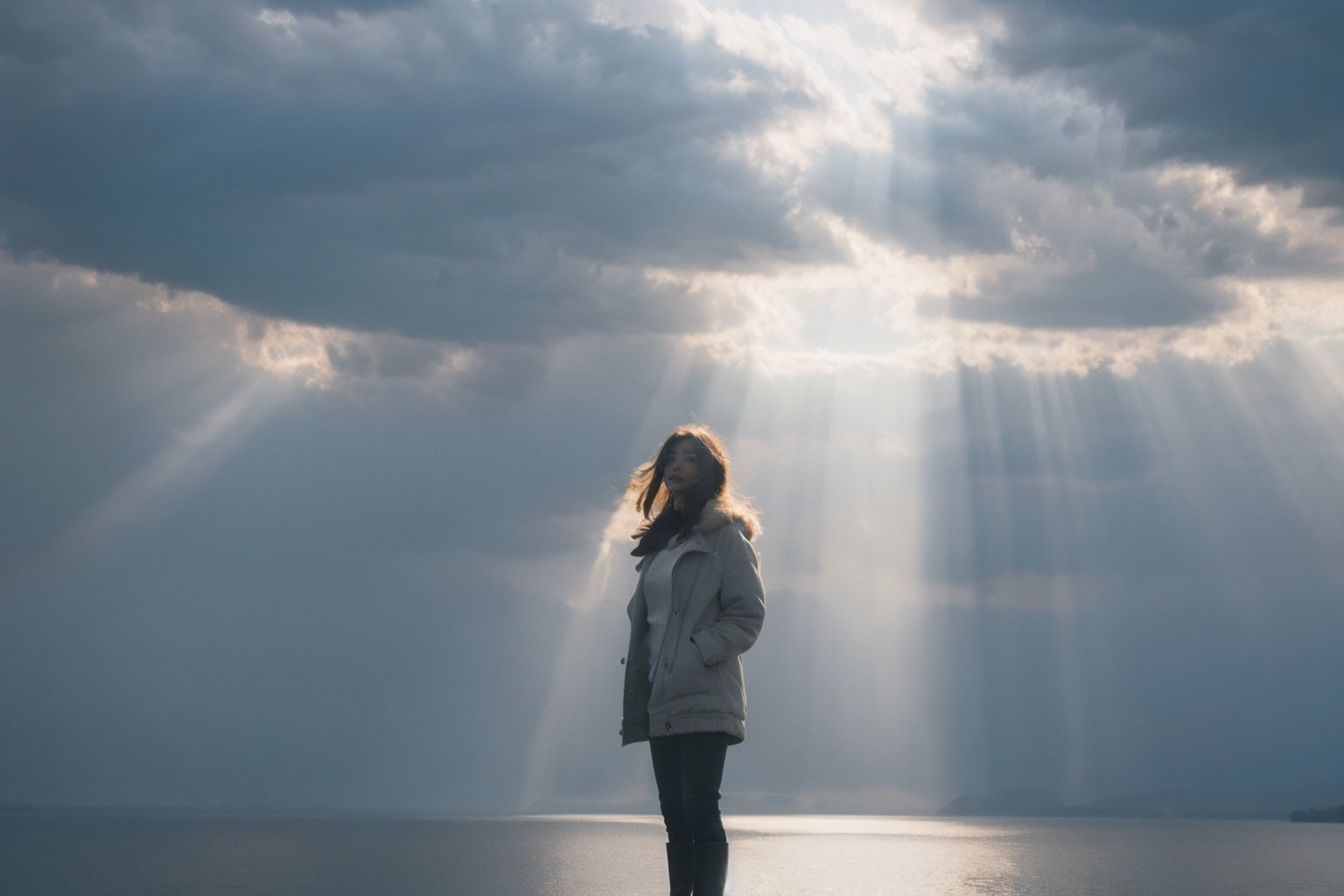 Best Quality,Masterpiece,Ultra High Resolution,(Realisticity:1.4),Original Photo,Cinematic Lighting,1Girl,light,full body,light through the clouds, <lora:Dundar_20230809102923-000010:0.8>