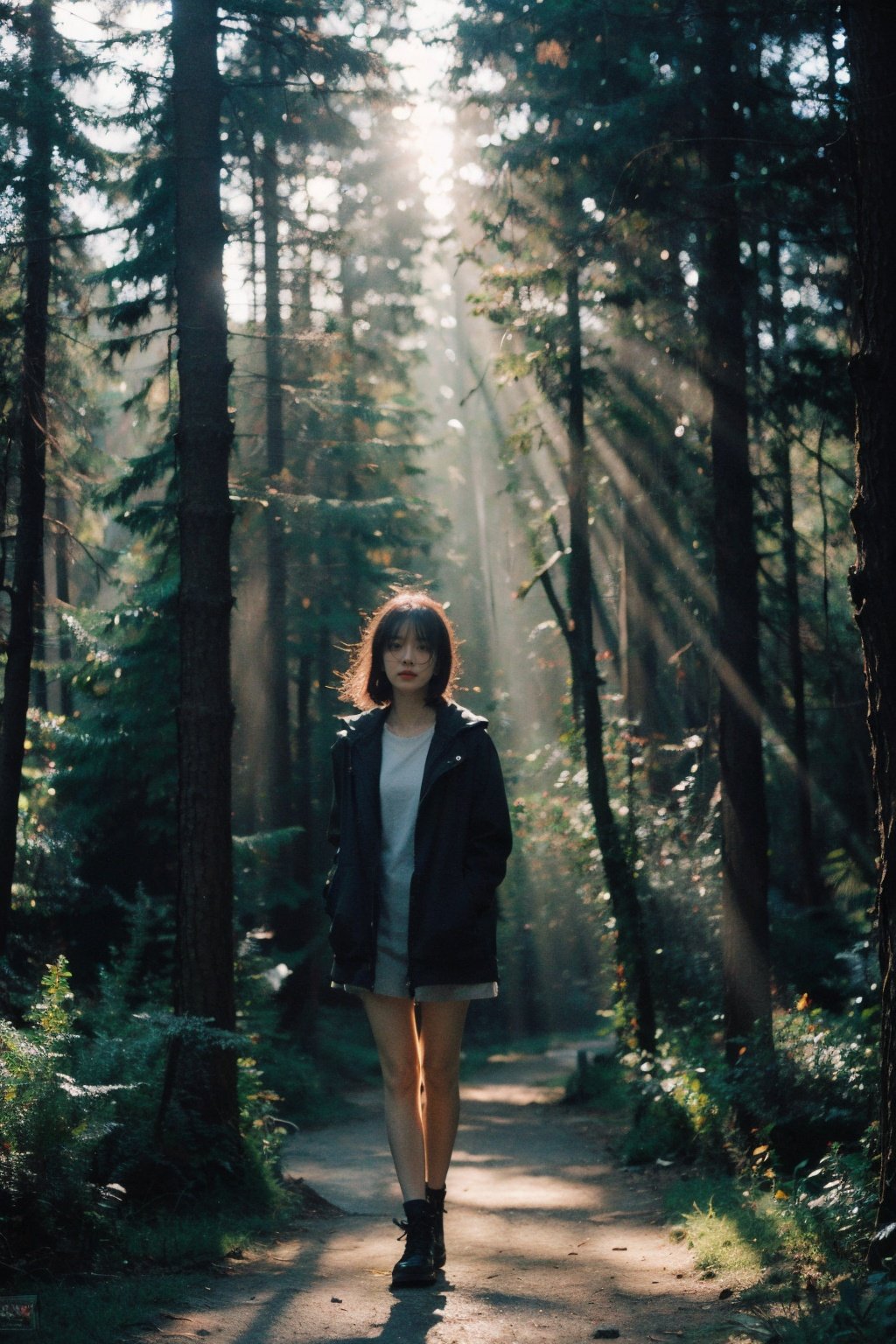 Best Quality,Masterpiece,Ultra High Resolution,(Realisticity:1.4),Original Photo,Cinematic Lighting,1Girl,<lora:Tyndall effect-Light:0.6>,full body,light through the trees,