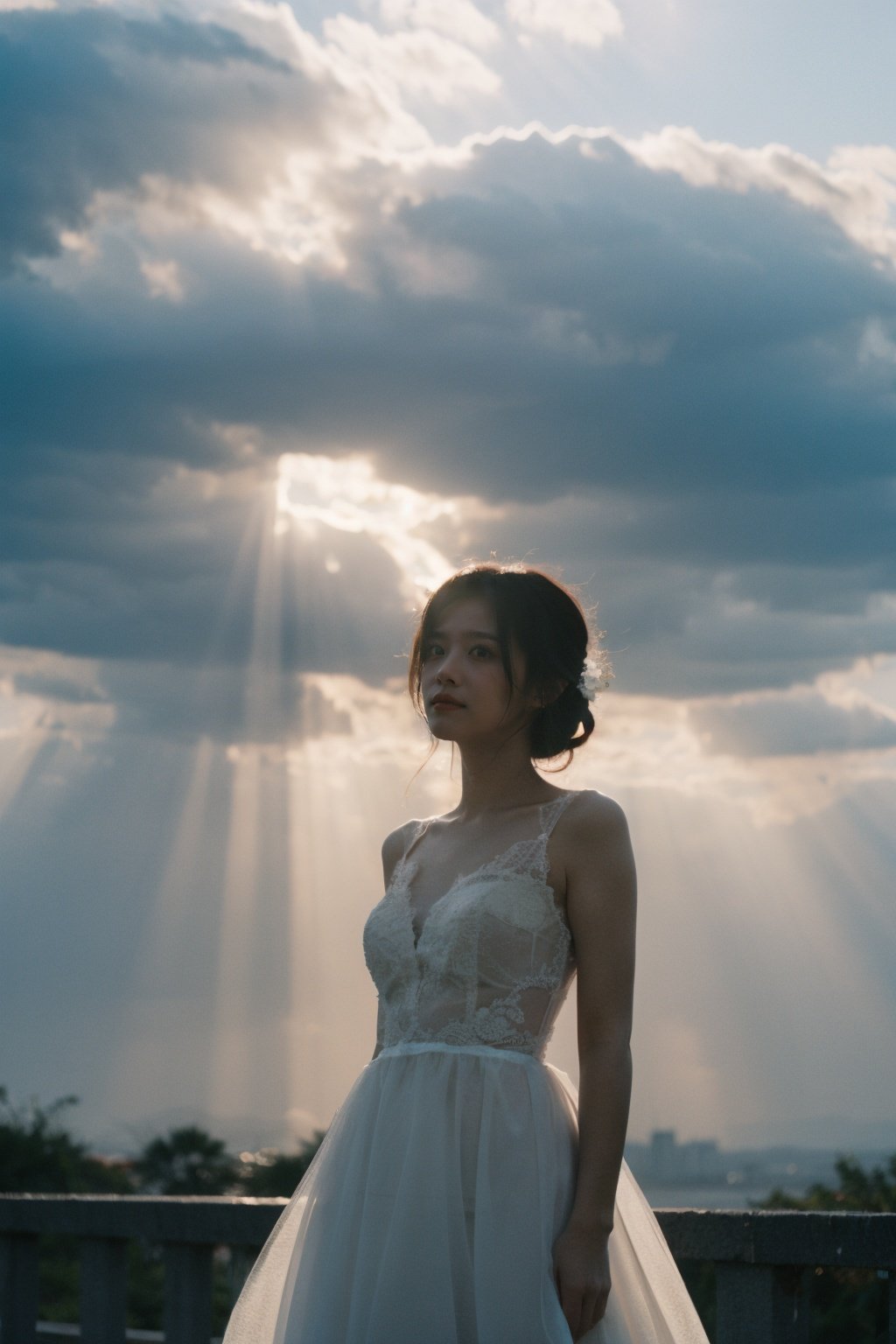 Best Quality,Masterpiece,Ultra High Resolution,(Realisticity:1.4),Original Photo,Cinematic Lighting,1Girl,<lora:Tyndall effect-Light:0.6>,light through the clouds,wedding dress,