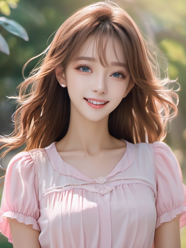 1girl,<lora:qing:0.8>,white short sleeve shirt,pink pleated skirt,outdoor background,upper body,long hair,smile,delicate skin, <lora:眼部细节DetailedEyes_xl_V2:1>