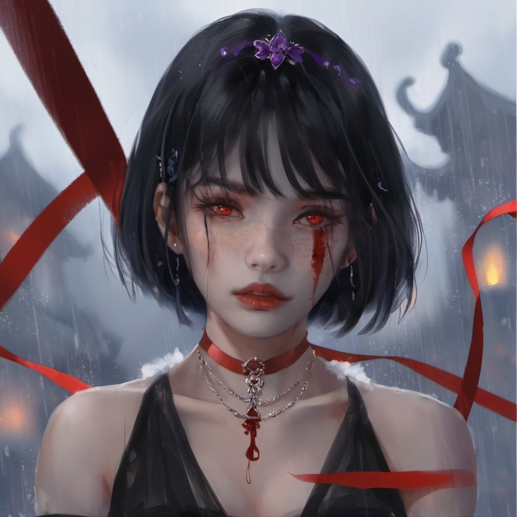 guidao style, 1girl, solo, short hair, rain, looking at viewer, purple ribbon, ribbon choker, black hair, blood, headpiece, ribbon, red eyes, blood on face, portrait, closed mouth, upper body<lora:guidao_XLV1:1>