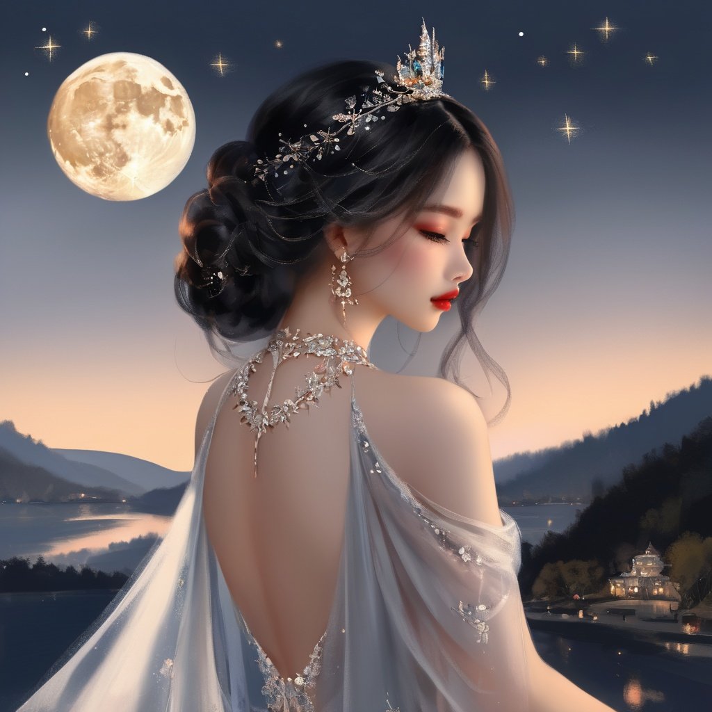 a painting in the style of guidao style,A beautiful princess in a Black evening gown,Delicate features,Silky fabric with texture,The shimmering details,The background is a translucent landscape,Black hair,Perfect waist-to-hip ratio,Bright moon and shining stars