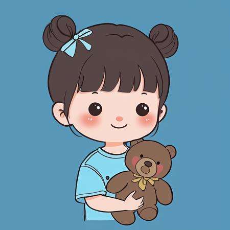 chibi avatar, 1girl, solo, looking at viewer,  smile, bangs, simple background, brown hair, shirt, black hair, hair ornament, upper body, hair bun, chibi, black eyes, double bun, stuffed toy,  blue shirt, teddy bear, waving,  holding stuffed toy <lora:chibi_avatar_v1:0.7>