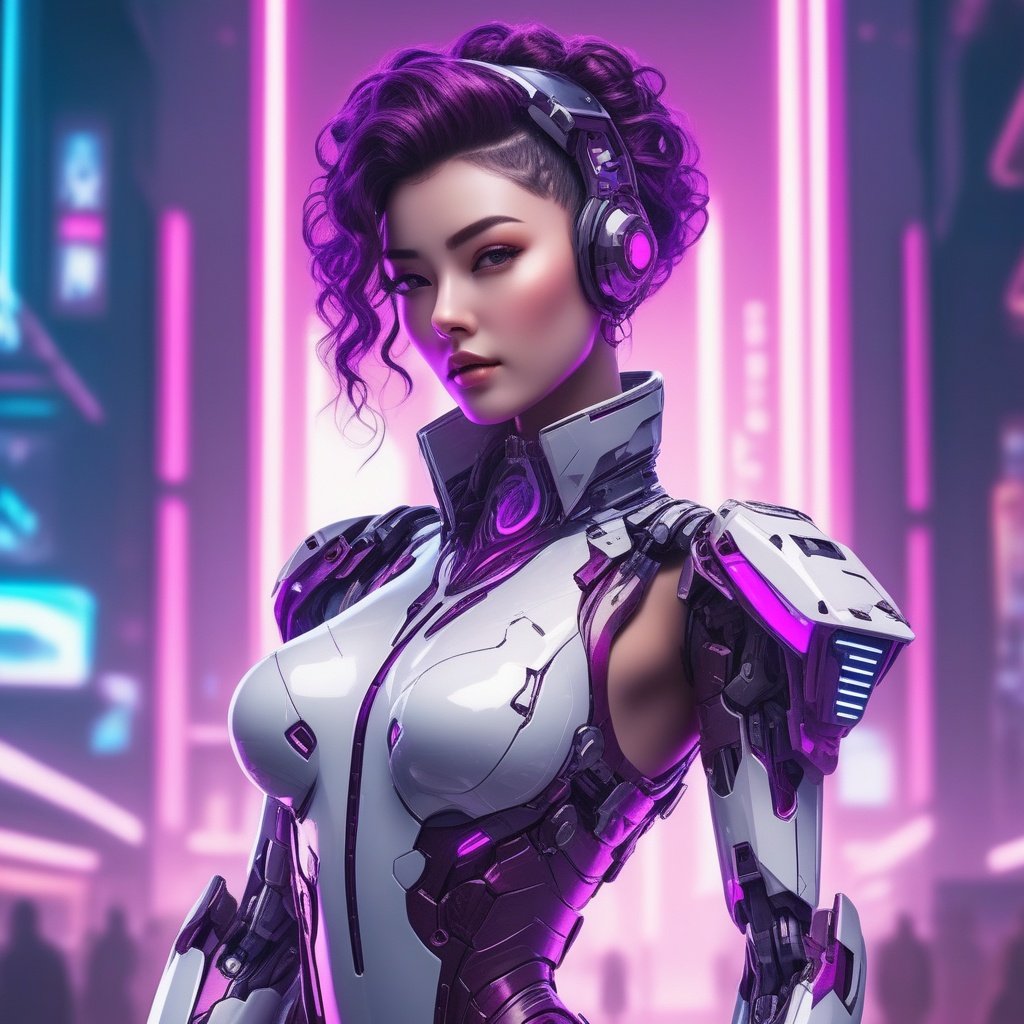 neonpunk style  <lora:Neon Punk机甲:0.75> ，ddia6-mecha, solo, looking at viewer, standing, medium breasts, science fiction . cyberpunk, vaporwave, neon, vibes, vibrant, stunningly beautiful, crisp, detailed, sleek, ultramodern, magenta highlights, dark purple shadows, high contrast, cinematic, ultra detailed, intricate, professional