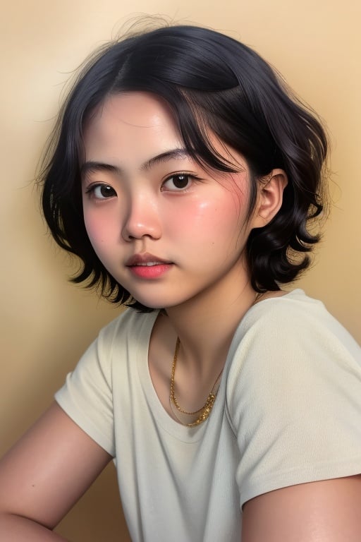 Portrait, asian, short hair,  curly hair, 1 girl,  15 yo, round cheeks,  chubby, raw, hi-res, shiny skin,