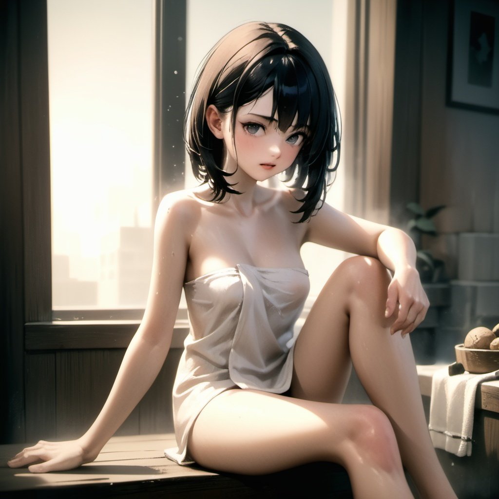 sfw, 1 girl, naked_towel, sitting, marco shot, masterpiece, best quality, highly detailed