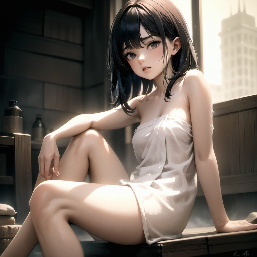 sfw, 1 girl, naked_towel, sitting, marco shot, masterpiece, best quality, highly detailed