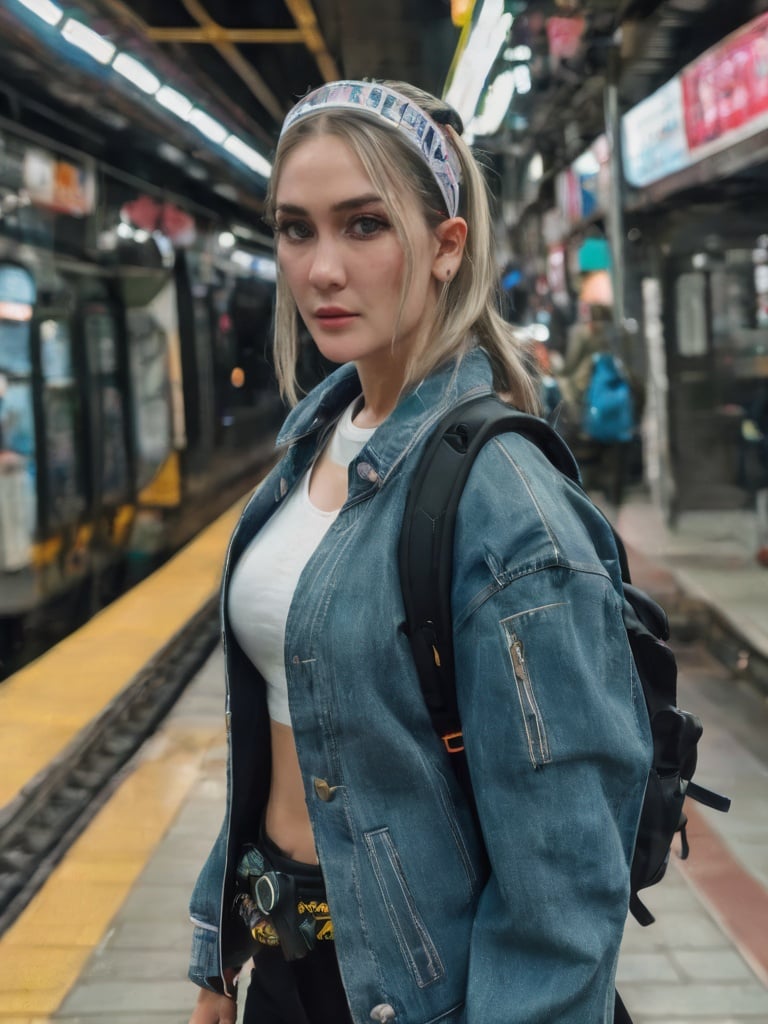 A  lady with white ponytailed hair, horn headband, wearing a dark denim jacket, a backpack with a katana, blue eyes, cyberpunk, subway, hyperrealism, photorealistic, 8k, unreal engine, 3d render, <lora:lun4_v1-000003:1>