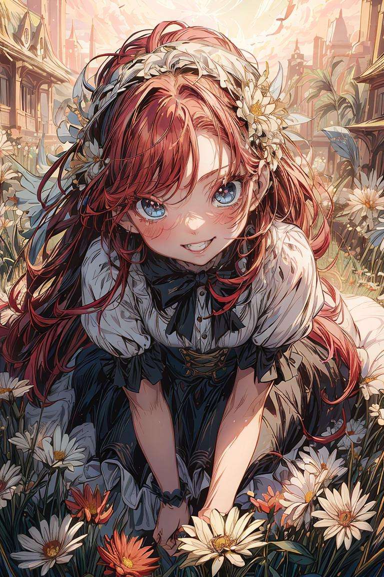 (Best quality:1.1),(masterpiece:1.1),ultra high res,(fantasy:1.2),(depth of field:1.2),chibi,1girl,red hair,cute,(Long hair:0.8),makeup,Perfect eyes,Light blue eyes,White teeth,Smile,Gothic Skirt,Grassland,(Flowers:1.1),cowboy shot,Sunshine shining on the girl,<lora:add_detail:0.7>,<lora:line painting:0.9>,