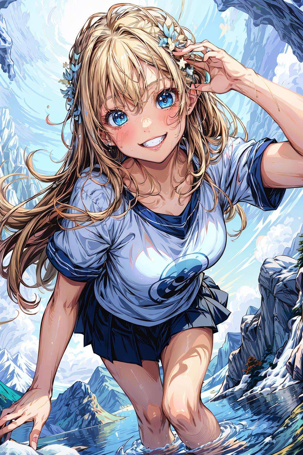 (Best quality:1.1),(masterpiece:1.1),ultra high res,from above,1girl,Stand,(Long hair:0.8),makeup,Perfect eyes,Light blue eyes,White teeth,smile,Sunshine shining on the girl,t-shirt,Short Skirt,in water,Blue Hole,Snow Mountain,wet body,<lora:add_detail:0.7>,<lora:line painting:0.9>,